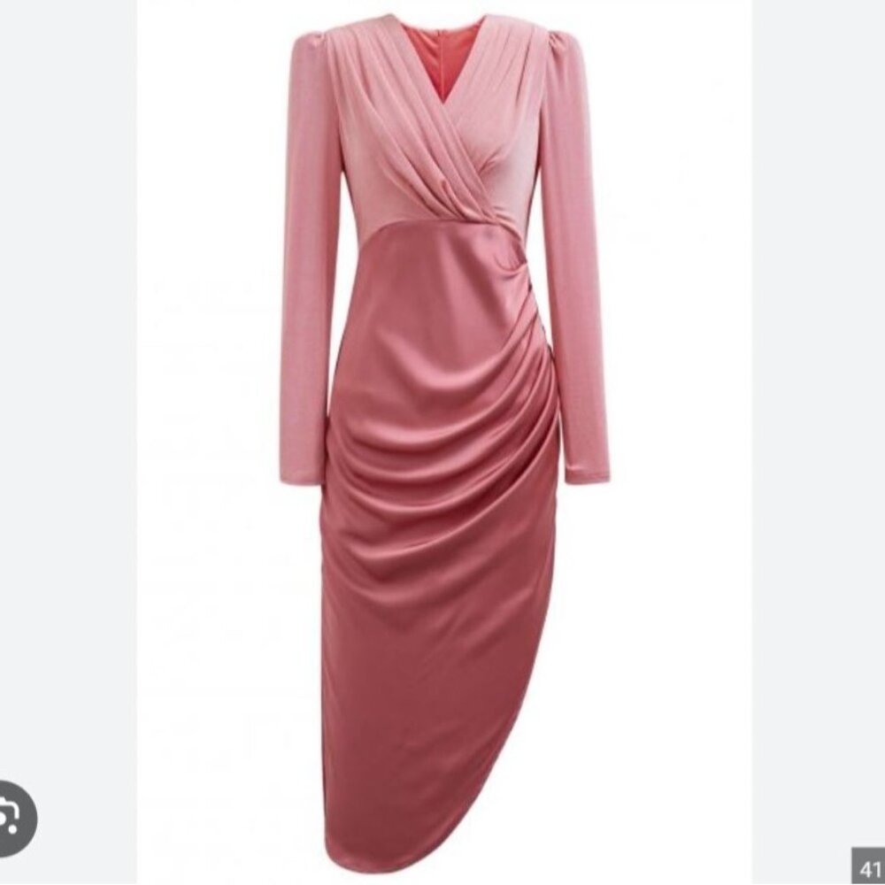 NWOT, Pink Draped Long-Sleeve Midi Dress By Spoken, L